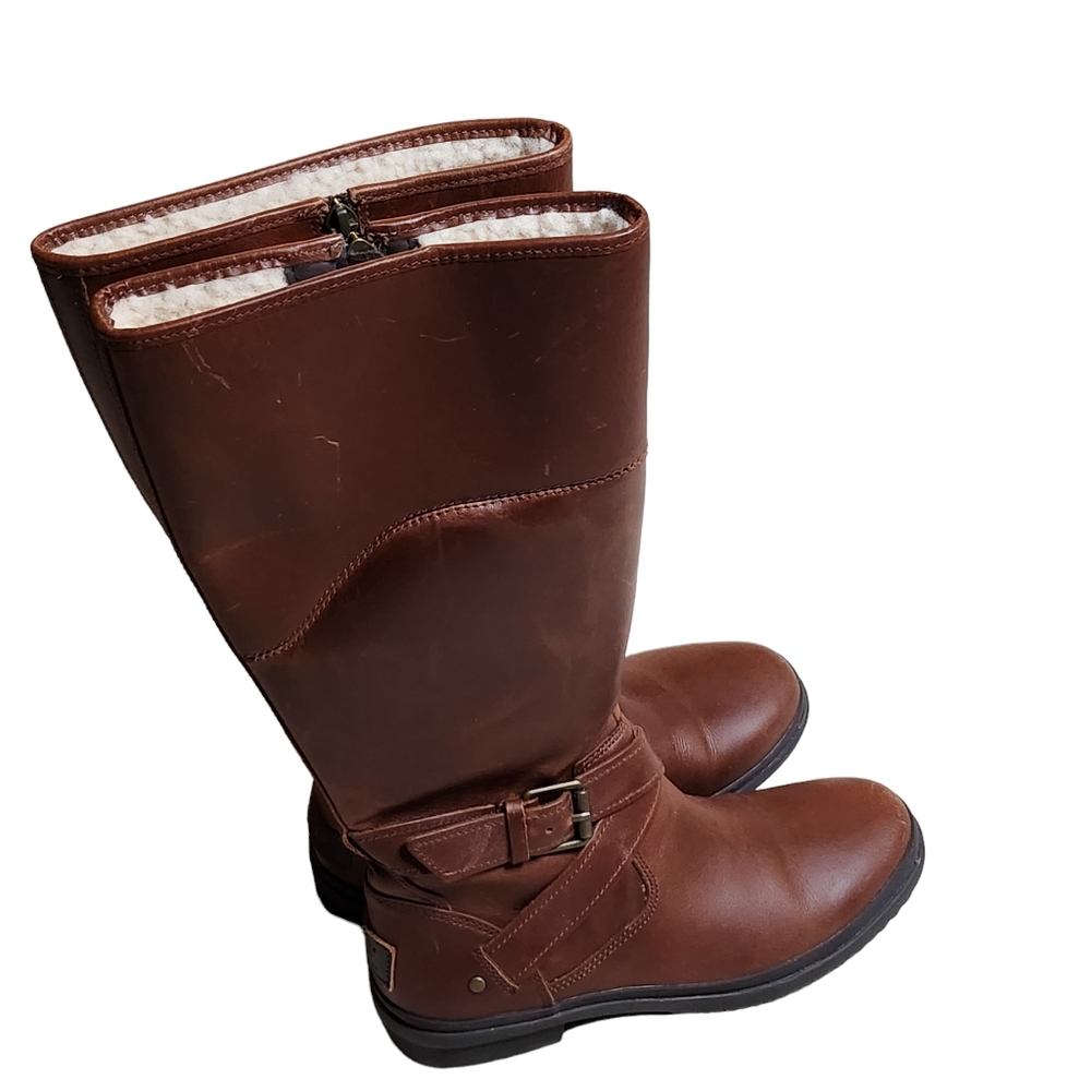 UGG Women's Brown Leather Waterproof Fleece Lined Zip Up Boots Size 6